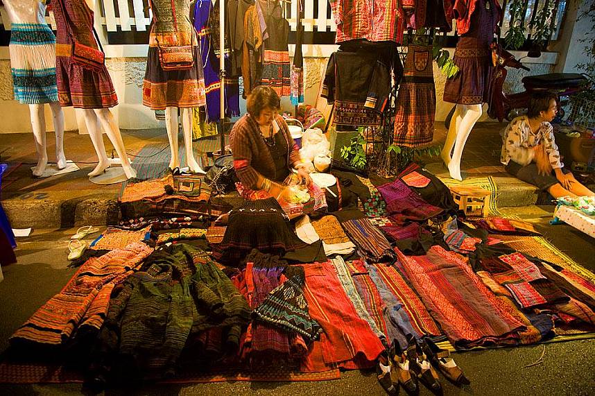 A huge variety of handwoven cloths are for sell at Walking Street in Chiang Mai