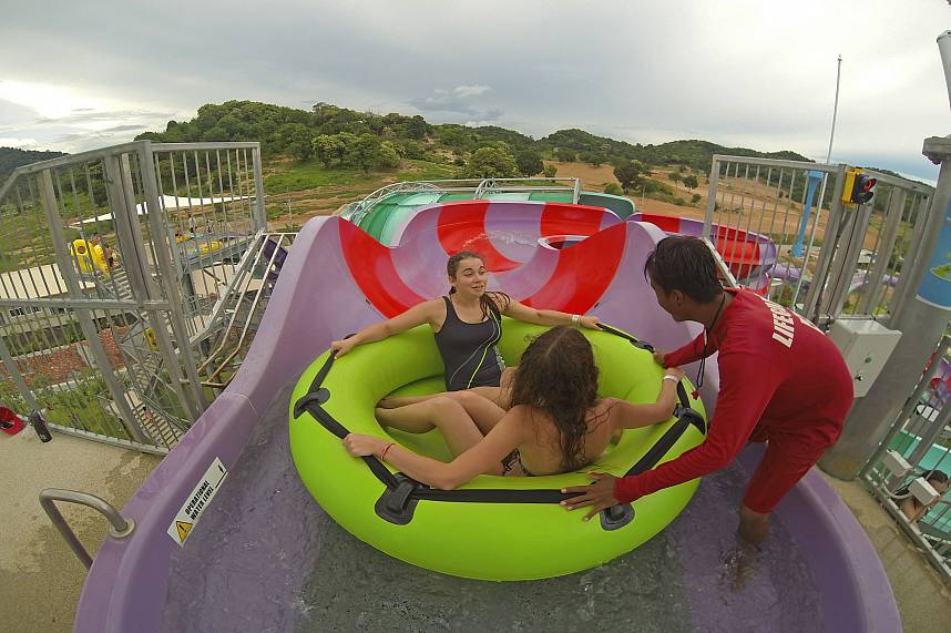 This lifeguard gives the kids final instructions at RamaYana Water Park  Pattaya