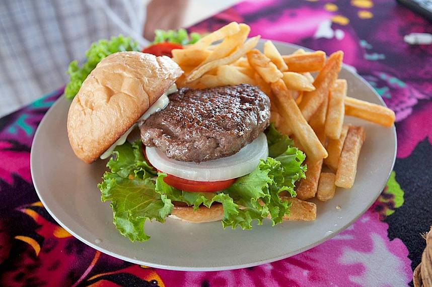 Hamburger and fries at Friendship Beach Restaurant