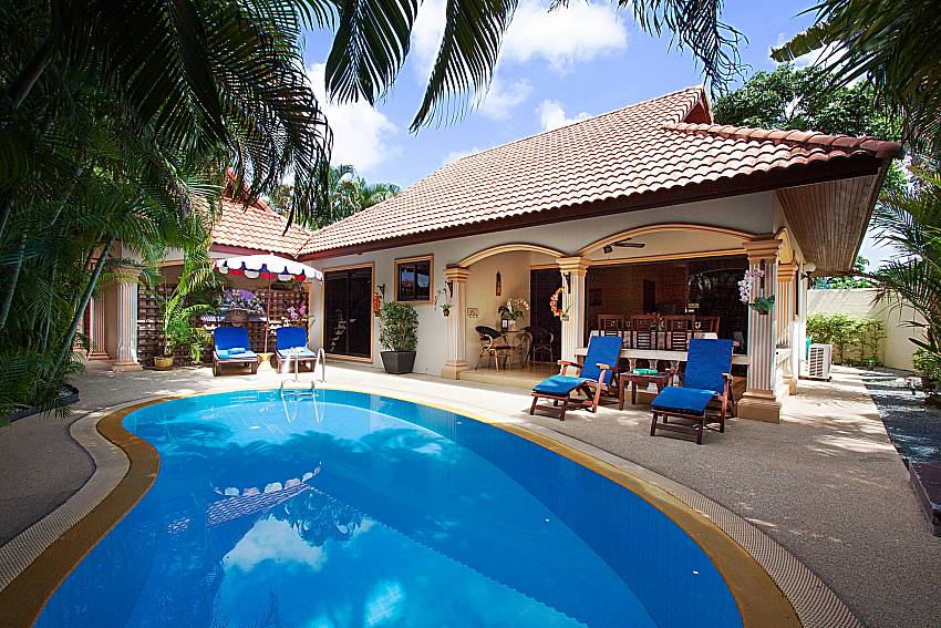 Sun bed near swimming pool and property Villa Maiki at Rawai in Phuket 