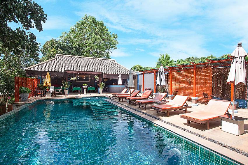 Sun bed near swimming pool Villa Baylea 202 in Koh Samui