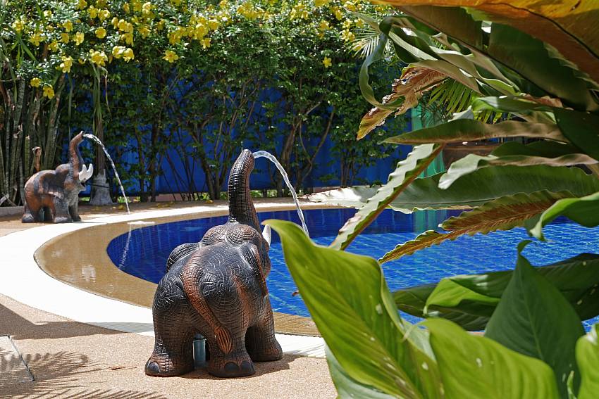 Water features around the private pool of Pattaya Villa Amiya 